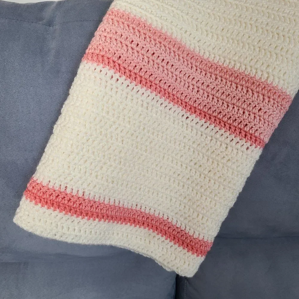 Vintage Handmade Knit Crochet Pretty Pink Afghan Throw Lap Blanket New Baby Gift